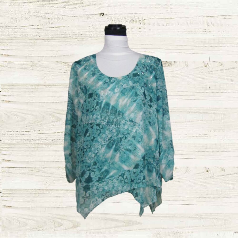 Style & co womens size L  top assymetric length color green teal printed NWT